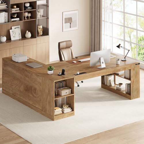 71" Executive Desk, Large Office Desk with Drawers & Power Outlets, L Shaped Computer Desk with Storage Shelves & Lateral File Cabinet, Modern Corner Desk, Business Furniture Workstation Oak - color: Oak