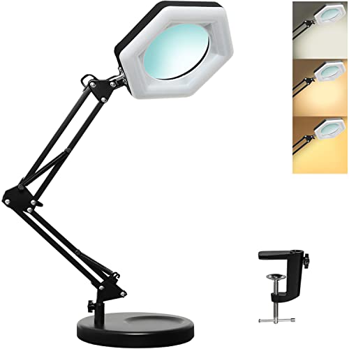 Magnifying Glass with Light and Stand, Dimmable LED Magnifier Desk Lamp with Clamp, 3 Color Modes, Hands Free Magnifying Lights for Close Work, Repair, Swing Arm Magnifying Work Light with Base