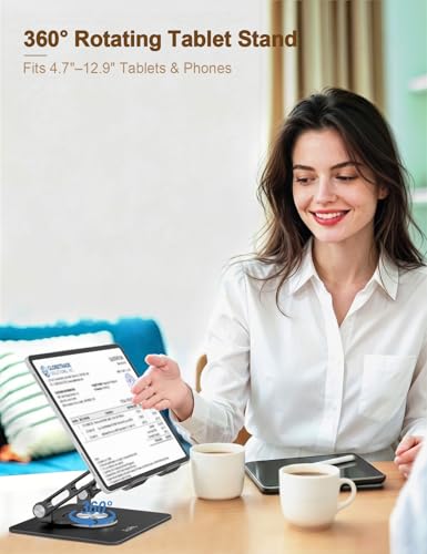 Aoviho Tablet Stand 360° Rotating Aluminum Holder, Adjustable, Portable and Foldable Monitors Stand for iPads, Compatible with 4-12.9" Tablets, Ink Black - color: Ink Black