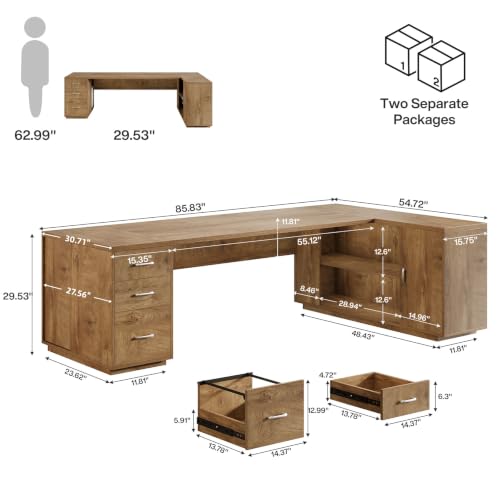 Tribesigns 86" L-Shaped Executive Office Desk, Extra Large Home Office Desk - color: Light Brown