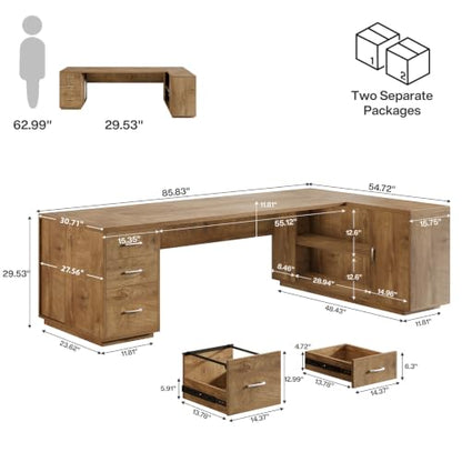 Tribesigns 86" L-Shaped Executive Office Desk, Extra Large Home Office Desk - color: Light Brown