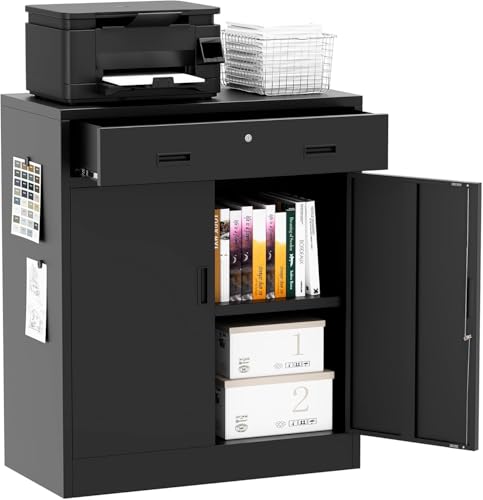 Metal Storage Cabinet 36" H, Locking Storage Cabinet with 1 Drawer and Adjustable Shelf, Garage Storage Cabinet for Home Office, Garage, School, Apartment, Warehouse - color: Black, size: 36"H&1 Drawer
