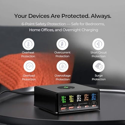 160W Desktop Charger Station with Wireless Charging Pad & Per-Port Display