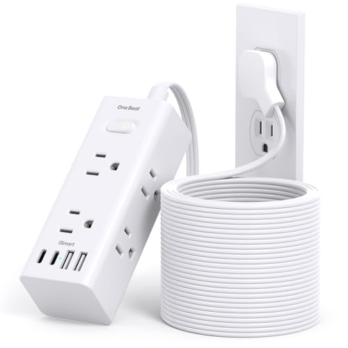 25Ft Extension Cord with Multiple Outlets, Flat Plug Power Strip Surge Protector with 20 Ft Long Cord, 6 Outlet 4 USB Ports (2 USB C), Multi Outlet Wall Plug for College, Dorm Room Essentials(White) - color: White, size: 25FT