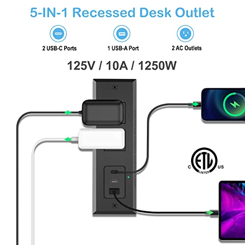 CCCEI Recessed Power Strip with 45W USB-C Ports, Fast Charging USB A Port Desk Outlet, Black Furniture Hidden Charging Station for Side Table, End Table, with 10FT 45 Degree Flat Plug Extension Cord. - size: 10FT, style: 45W USB-C