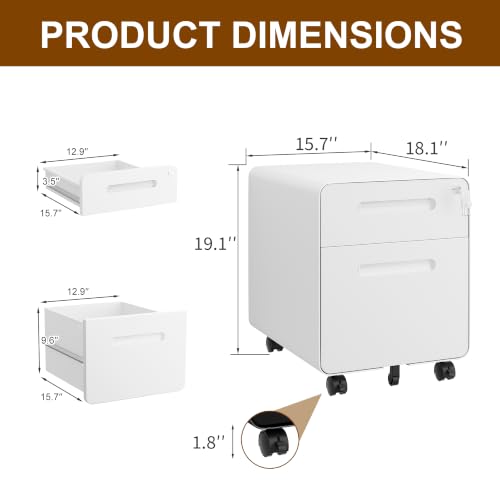 2 Drawer Mobile Low Profile File Cabinet with Lock and 4 Keys | Metal Filing Cabinet for Home Office, Under Desk, Pre-Assembly, File Drawer, Letter/Legal/A4 Hanging File Folders - color: White, size: 19.1"H*15.7"W-2 Drawers