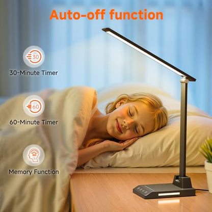 ShineTech LED Desk Lamp for Home Office, Foldable Reading Lamp with Adapter | Foldable, 25 Lighting Modes and Dimmable, Touch Control, Eye-Caring LED Light for Bedroom Nighstand with Small Night Light - color: Black