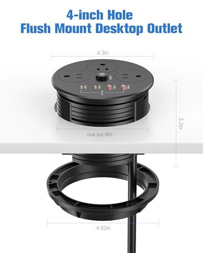 100W USB C Desktop Power Grommet, Double-Side 4 USB 5 Outlets (15Amp) | 4inch Hole Flush-Mount Recessed Power strip for Workspace Essential Desk Outlet Countertop Black - color: Black