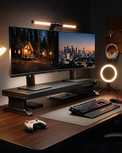 Height Adjustable Dual Monitor Stand Riser with 6-Port USB Hub, Black | Fits Dual 27" Monitors, Charge & Sync Multiple Devices, Ergonomic Height, Solid Steel Material, Cable Management, Quick Setup