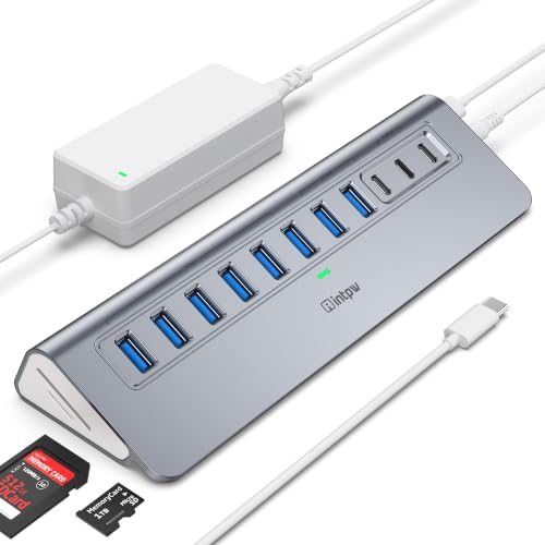 Powered USB Hub 10Gbps, Intpw YH9AC Plus 13-Port USB 3.2 Hub(USB A+USB C 3.2+6 USB-A 3.0+2 PD 45W Fast Charging Port+SD/TF Card Reader), 65W Power Adapter,Aluminum USB HUB for PC,Laptop,iPhone 17/16 - color: Gray, size: 13 Port