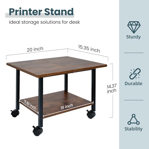 SwaaVee Printer Stand, 2-Tier Under Desk Printer Stand, Printer Cart with Wheels for Home, Office, Heavy-Duty Storage Shelf, Rustic Brown - color: Rustic Brown