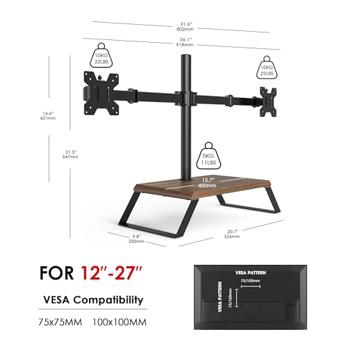 AOKCOS Dual Monitor Stand Riser for 12-27 Inch Computer Screens, Freestanding Double Monitor Stand for Desk, Adjustable Dual Monitor Mount Each Arm Hold up to 22lbs, VESA 75x75/100x100mm