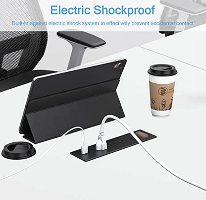 Conference Recessed Power Strip Waterproof,Furniture Recessed Power Strip with 4 Outlets,2 USB,Table Surge Protector,Flush Mount Water Resistant,6ft Cable with Flat Plug - color: Black, size: 4 Outlets
