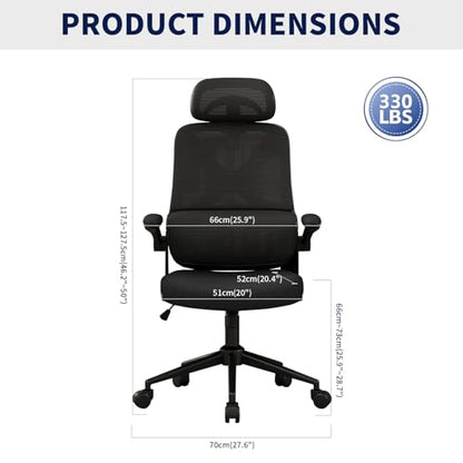 Ergonomic Office Chair - Desk Chair with Adjustable Headrest Lumbar Support Computer Chair - Mesh Comfy Chair with Flip-up Armrests - Gaming Chairs for Adults Home Office (Black+Black) - color: Black+black