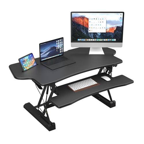 Mount-It! Standing Desk Converter 48" Wide Sit Stand Extra Large Desk Riser | Tabletop for 2 Monitors, Keyboard Tray & Device Slot, Height Adjustable from 6"–19.25" with Dual Gas Spring Handles, Black