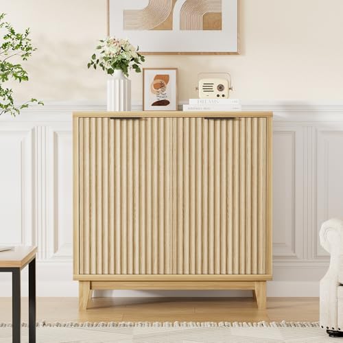 Fluted Cabinet with Storage, Mid Century Modern 2 Doors Sideboard Buffet - color: Natural, size: 2 Doors - 15.7"D x 31.5"W x 31.5"H