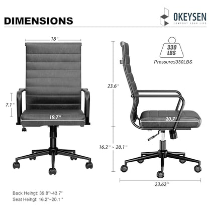 Okeysen Genuine Leather Office Chair, Mid-Century Modern Real Leather Conference Room Chairs, Ergonomic Executive Ribbed Height Adjustable Swivel Rolling Desk Chair for Home Office. - color: Grey With Genuine Leather