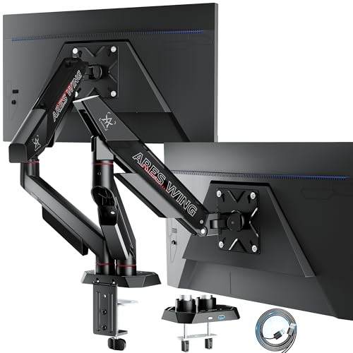 ARES WING 17-35 Inch Heavy Duty Dual Monitor Arm with USB, Black | Fully Adjustable Monitor Mount for Flat Curved Ultrawide Screens Up to 26.5lbs, C-Clamp & Grommet Base, 75/100 Vesa Mount - color: Black, size: Dual Monitor Arm