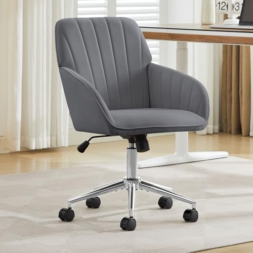 YITAI Velvet Office Desk Armchairs with Silver Base and Wheels,Modern Height Adjustable 360 Degree Swivel Upholstered Vanity Chairs for Living/Room Bedroom/Study,Gray - color: Silver Gray