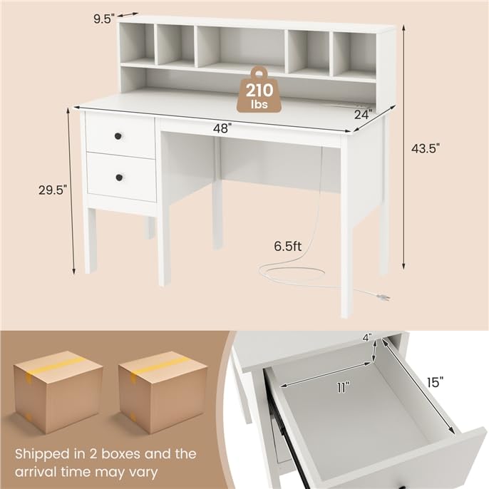 LDAILY Modern Home Office Desk with Hutch, Office Desk with USB Charging Ports and Power Outlets, Computer Desk with 5 Storage Cubbies and 2 Drawers, Writing Study Desk for Bedroom (White) - color: White