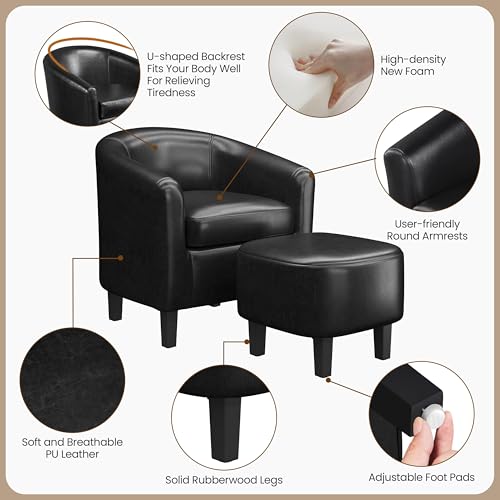 Yaheetech Accent Chairs with Ottoman, Faux Leather Barrel Chairs, Black - color: Black, size: Chair:25.5x 27.5 x 28''H Ottoman:18x 18.7x 15.7''H