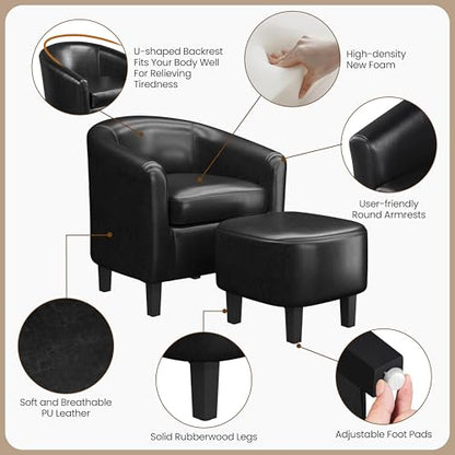 Yaheetech Accent Chairs with Ottoman, Faux Leather Barrel Chairs, Black - color: Black, size: Chair:25.5x 27.5 x 28''H Ottoman:18x 18.7x 15.7''H