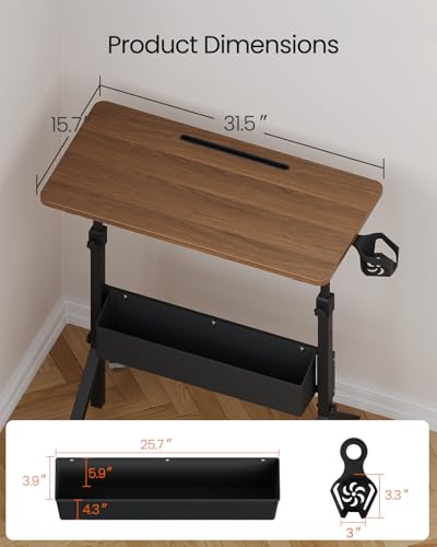 ErGear Mobile Standing Desk with Wheels, Adjustable Height 28.3″ to 46.1″, Rolling Laptop Cart with Cup Holder, Storage Basket, Computer & Pen Slot, Home Office Stand Up Desk, Walnut (31.5″ x 15.75″) - color: Walnut Wood
