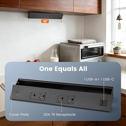SURAIELEC 16 in Under Cabinet Power Strip with GFCI Outlet, Hardwire - color: Black, size: 1 Pack