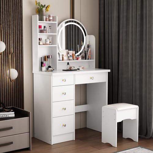 ECACAD Vanity Desk Set with LED Lighted Round Mirror, Makeup Dressing Table with 5 Drawers, Storage Shelves & Cushioned Stool for Bedroom, White - style: White-With Light