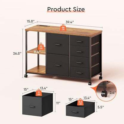 Maihail 6 Drawer File Cabinet with Charging Station and Open Storage Shelf - color: Rustic Brown Top+black Drawer