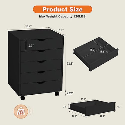 Elevon 5 Drawer Chest, Dressers Storage Cabinets Wooden Dresser Mobile Cabinet with Wheels Room Organizer, Small Drawers Wood Organization Furniture for Office, Home,Black