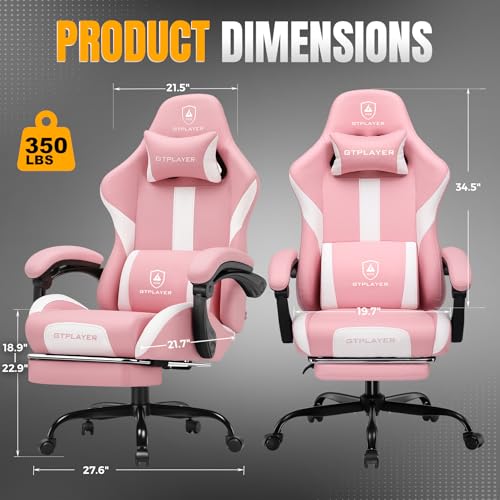 GTPLAYER Gaming Chair with Foot Rest & Pocket Spring Cushion, Ergonomic High Back Computer Chair with Headrest & 360°-Swivel Seat for Home Office Desk, PU Leather, Pink - color: Pink, size: Faux Leather