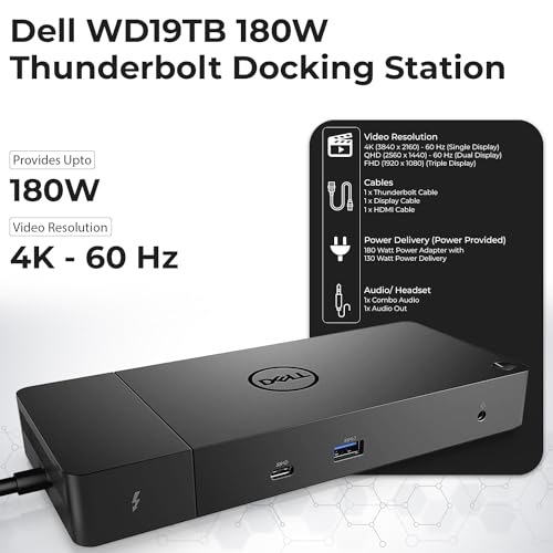 Dell WD19TB 180W Dock Bundle, 130W PD, Dual 4K + HDMI + DP + TB Cables + Cloth, Black - style: WD19TB New