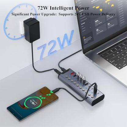 Powered USB Hub, Individual Switches and 24V/3A Power Adapter - color: Gery