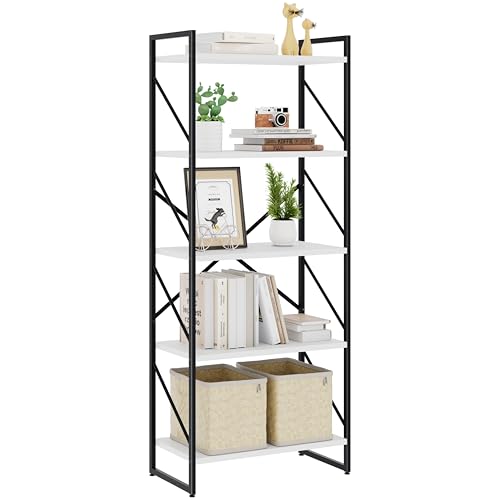 5 Tiers Bookshelf, Classically Tall Bookcase, Industrial Book Rack - color: Black & White