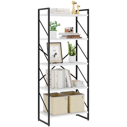 5 Tiers Bookshelf, Classically Tall Bookcase, Industrial Book Rack - color: Black & White