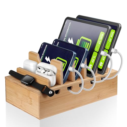 MINCORD Bamboo Charging Station for Multiple Devices | Cell Phone Docking Charging Station Organizer, Nightstand Bedside Desk Device Charger Organizer for Laptop, Tablets and iPads
