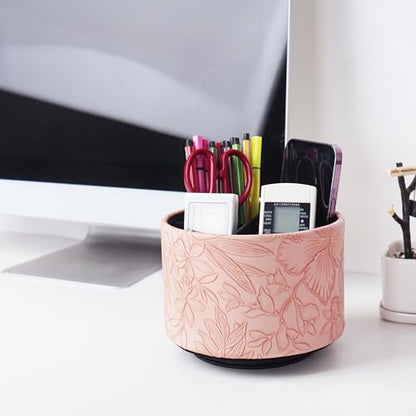 Round Leather Art Supply Organizer,Remote Control Holder,360 Degree Spinning,Multi-Functional Pencil Holder,4 Compartments Desktop Stationary Organizer(1-Carved Pink) - color: 1-Carved Pink