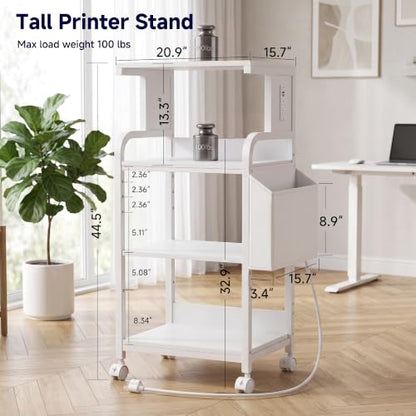 Tall Printer Stand with Charging Station, 4-Tier Large Printer Table Adjustable Shelf, Mobile Printer Cart on Wheels Heavy Duty for Home Office, Fits 3D Printer Shredder Scanner Fax, Pure White - color: White, size: 20.9''x15.7''