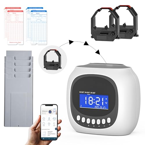 Time Clocks for Employees Small Business, Auto-Align Time Clock | 6 Punches per Day Time Machine, Clock in Machine for Employees with Time Cards, 2 Ink Ribbons(1 Inside) and 1 Rack - color: White-app