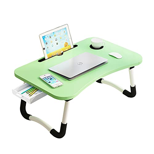 Lap Laptop Desk with Storage Drawer, Holders for Cup and Tablet, Laptop Bed Tray Table with Foldable Legs, Laptop Bed Stand, Portable Standing Table for Sofa Couch Floor (23.6", Green) - color: Green