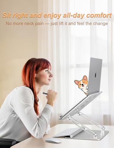 Aoviho Aluminum Laptop Stand for Desk Fit for All 10"-17.3" Laptops, Silver | Height-adjustable Notebook Holder, Ergonomic Computer Riser with Unique Puppy Cooling Vent, for Mac, Dell, Lenovo, HP - color: Silver