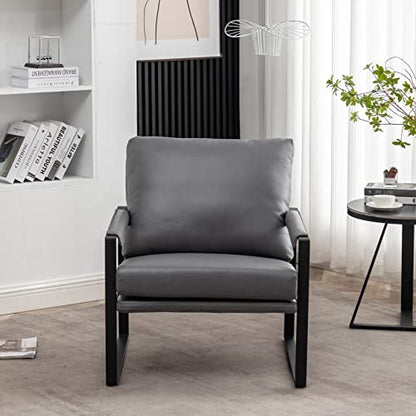 Modern Faux Leather Accent Chair, Upholstered Armchair with Metal Frame, Thick Seat Cushion and Oversized Back Pillow, Easy-Clean Lounge Chair for Living Room, Bedroom, Office and Reception - color: Dark Grey