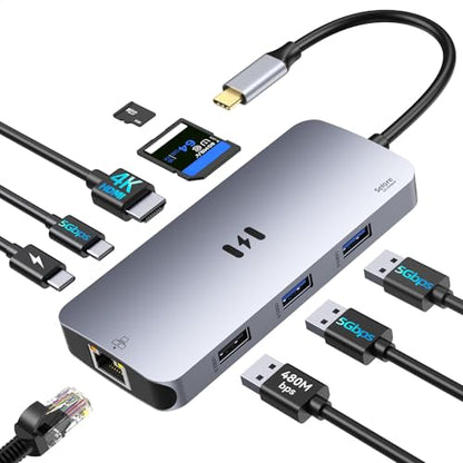 USB C Adapters for MacBook Pro/Air, Selore 9 in 1 USB C Hub with 4K HDMI, 3 * 5Gbps USB 3.1 GEN1 Port, 1Gbps Ethernet, 100W PD, 1*USB 2.0 dongle for Dell, HP and More | 4K@60Hz HDMI, 100W PD, 5Gbps USB-A&USB-C 3.1, Gigabit Ethernet, SD/microSD for MacBook