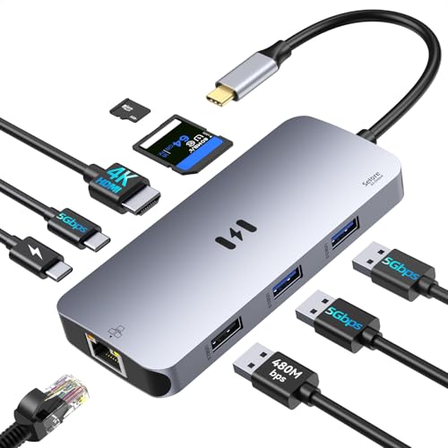 USB C Adapters for MacBook Pro/Air, Selore 9 in 1 USB C Hub with 4K HDMI, 3 * 5Gbps USB 3.1 GEN1 Port, 1Gbps Ethernet, 100W PD, 1*USB 2.0 dongle for Dell, HP and More - color: Gray