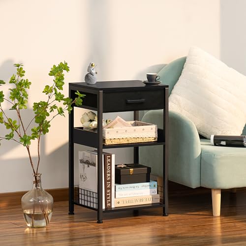 Lerliuo 3-Tier Printer Stand with Fabric Drawer and Shelves, Pure Black | Three-tier printer stand with fabric drawer and two shelves for paper, office supplies, scanners and fax machines - color: Pure Black