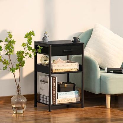 Lerliuo Printer Table with Storage, 3-Tier Printer Stand, Pure Black | Fixed-leg three-tier printer stand with fabric drawer and two shelves for paper, ink, office supplies and compact scanners - color: Pure Black
