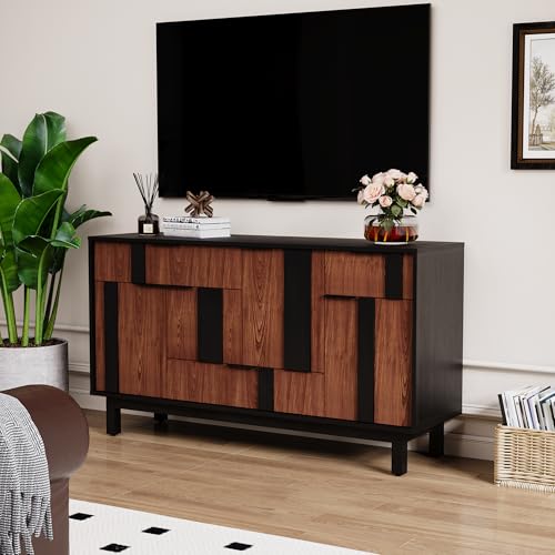 Modern Sideboard Cabinet with 3D Geometric Doors, 54 inch TV Cabinet with 4 Door and 3 Drawers, Buffet Storage Credenza for Living Room, Kitchen (Walnut)
