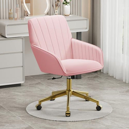 YITAI Velvet Office Desk Armchairs with Gold Base and Wheels,Modern Height Adjustable 360 Degree Swivel Upholstered Vanity Chairs for Living/Room Bedroom/Study,Pink - color: Gold Pink