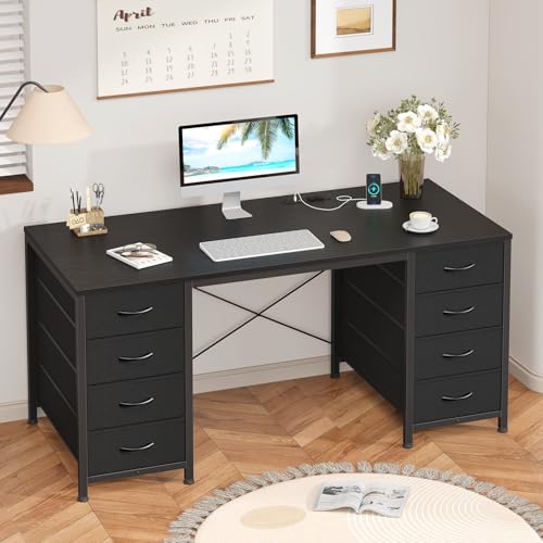 50 Inch Computer Desk with 8 Drawers for Home Office, Bedroom, Living Room | Home Office Desks with Power Outlets, Work Study Gaming Desk with 8 Fabric Drawers, Black - color: Black, size: 18.9"D x 50.4"W x 29.3"H